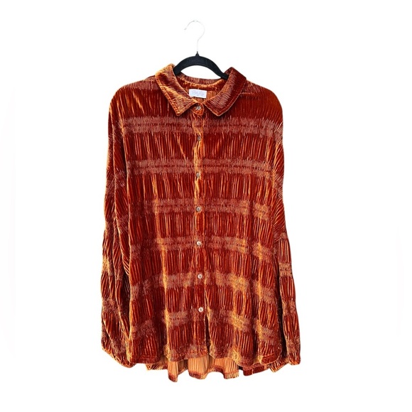 Pink Lily Wrinkle Effect Tiered Copper Rust Button Down Velvet Top XL NWOT - Picture 3 of 10